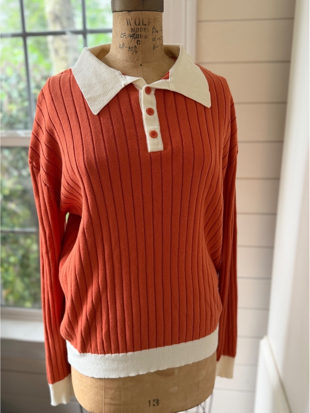 OXKNIT Vertical Pit Striped Knitted Retro Orange Collared Sweater Men’s Medium